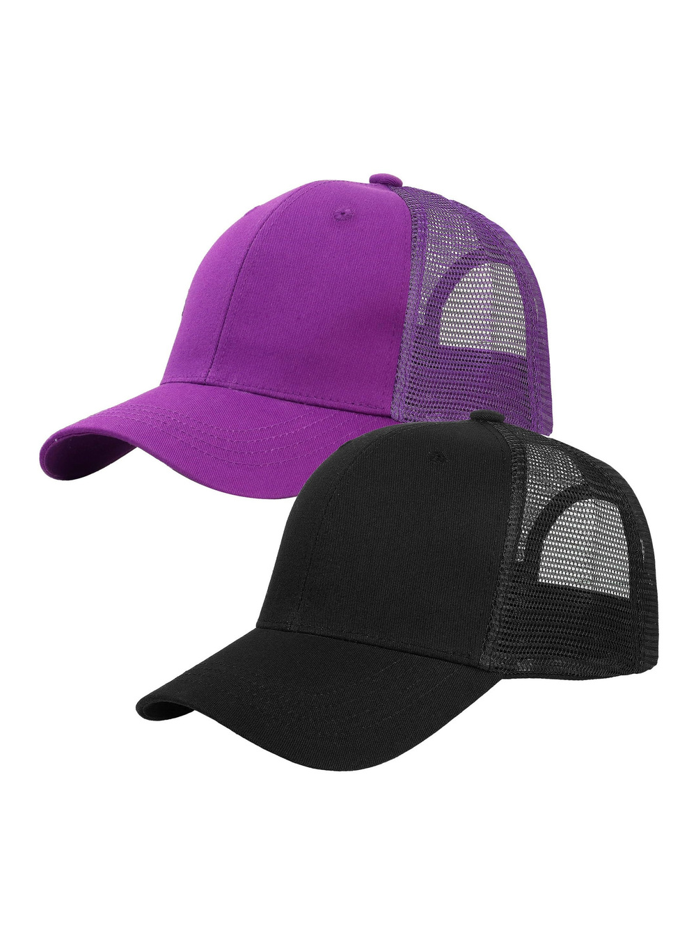 Trucker Hat Baseball Cap Structured Plain | 2 Pack, Black, Purple | Size OS